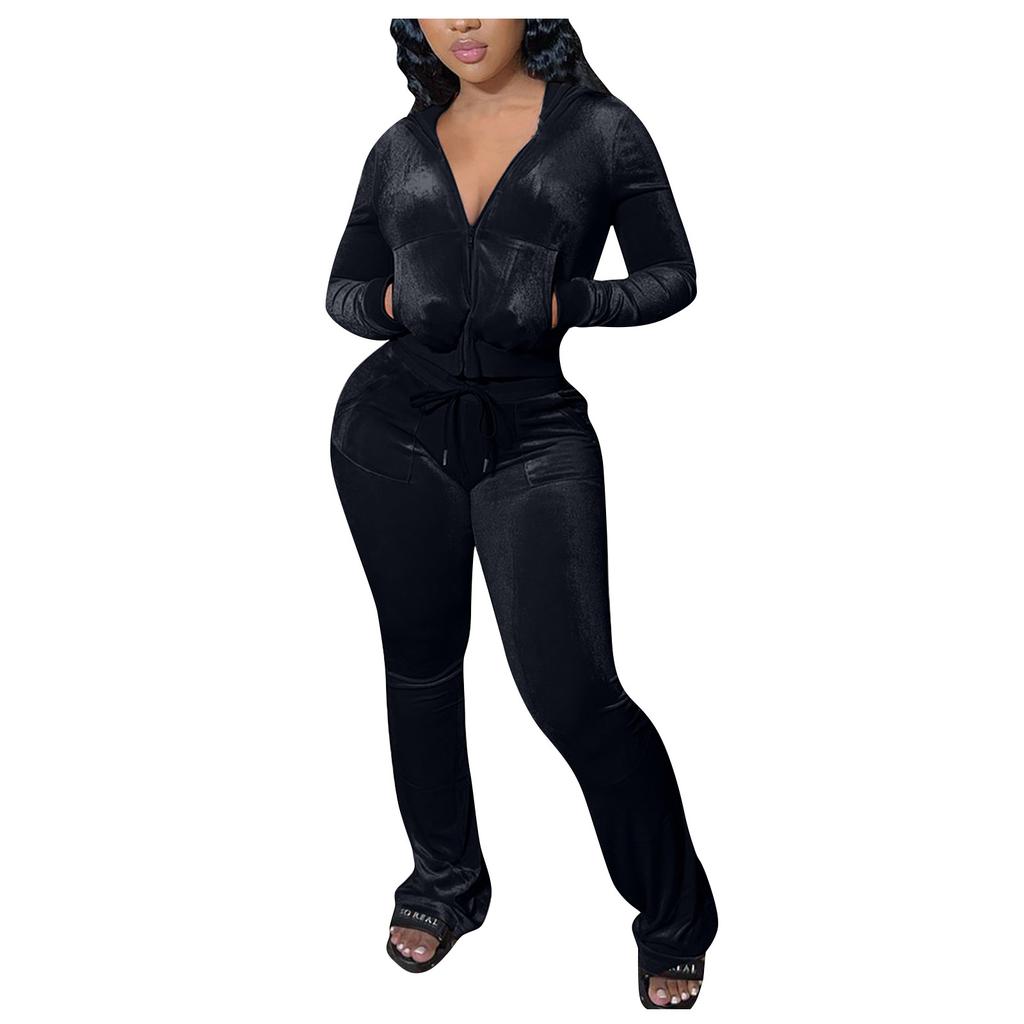 Women's Casual Color Hooded Zipper Top Wide Leg Pants Suit