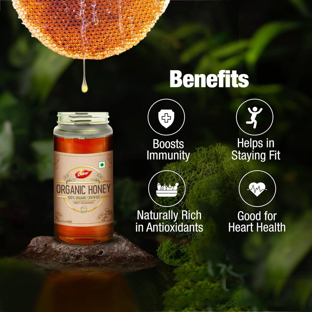 Dabur Raw Organic Honey 300g | 100% Pure Natural Wildflower Honey | NPOP Certified | Unprocessed, Unpasteurized, No Sugar Adulteration