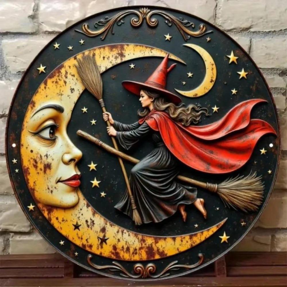 Witch on Moon Broom Ride Retro Metal Wall Art Plaque Decor