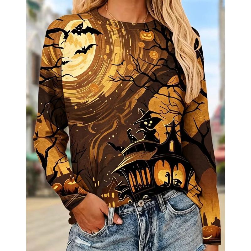 Autumn and Winter Ladies Halloween 3D Printed Crew Neck Long Sleeve T-Shirt