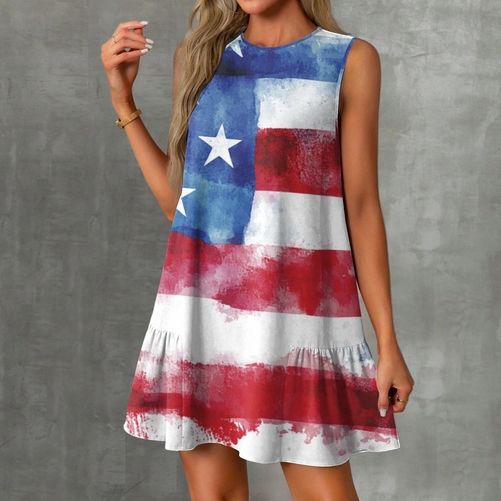 

Жіночі Модні Повсякденні Сукні Без Рукавів з Круглим Вирізом та Воланами з Принтом до Дня Незалежності L