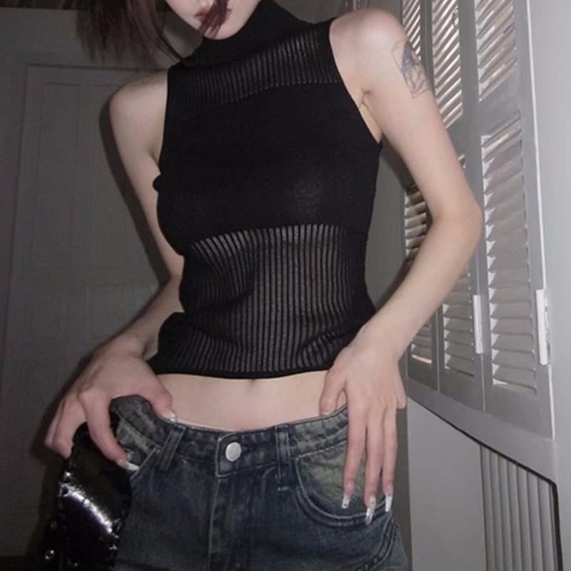 Summer New Spice Girls Sleeveless Vest Women's French Thin Hollow Sexy Semi-high Neck Top