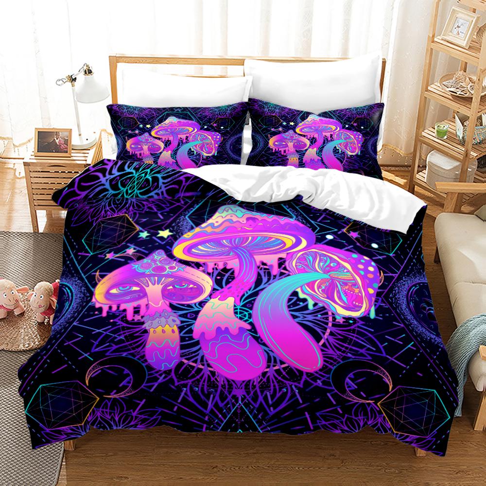 Magic Colorful Mushroom Bedding Set 3D Cartoon Mushroom Bed Linen Single Queen King Full Size Kids Girls Duvet Cover Room Decor