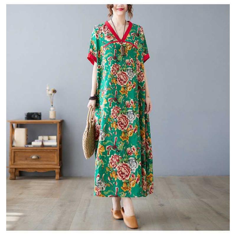 Summer New Printed V-neck Loose Large Size Chinese Style Long Dress Temperament Female