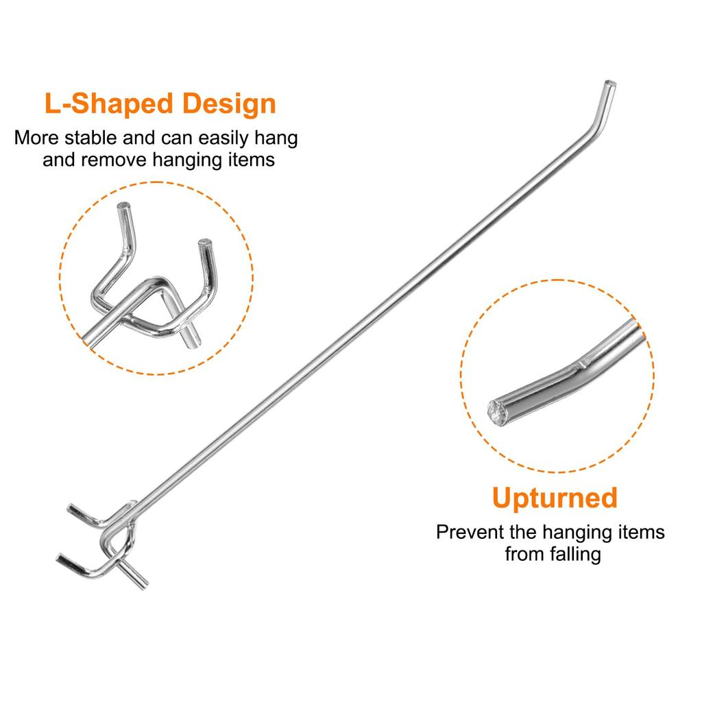 uxcell Stainless Steel Pegboard Tool Organizer Holder for and Silver 50-Pack 10-Inch Hooks, Wall-Mounted Workbench, Garage, Kitchen, Shop,