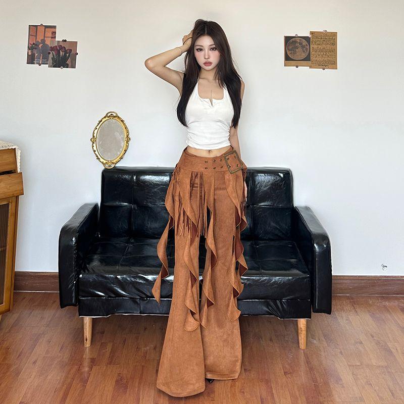 

Gagaopt Модные трендовые брюки буткат с высокой талией и эффектом лифтинга бедер, с нерегулярным поясом с кисточками, скрывающие полноту, стройнящие брюки, женские Coffee M