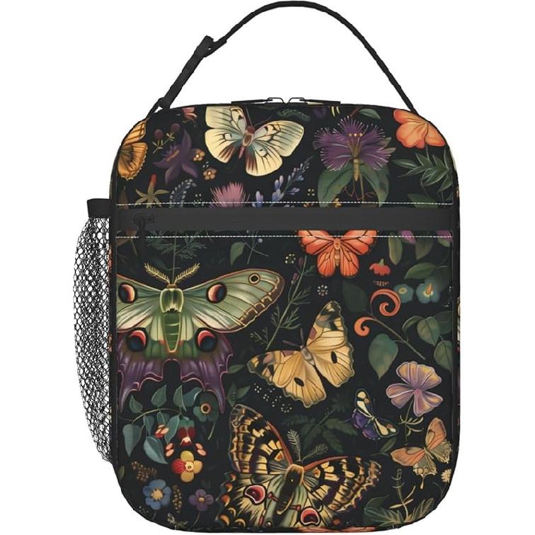 Reusable Butterfly Lunch Box for Kids Girls Boys Women Adult, Insulated Botanical Lunch Bag,Polyester Cooler Retro Handbags Case for School Picnic