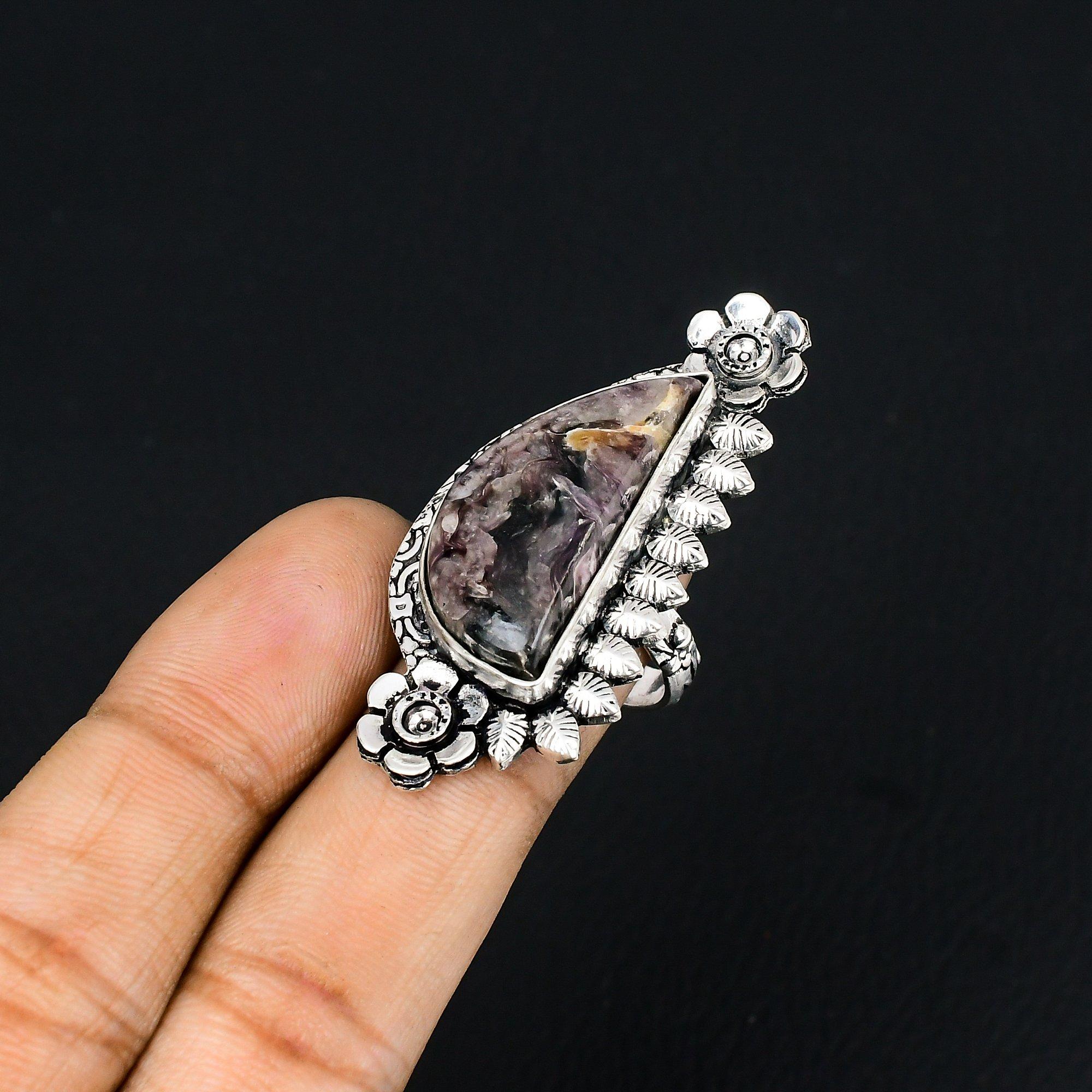925 Silver Charoite Gemstone Stackable Ethnic Sister Flower Artisan Ring Size 7 7