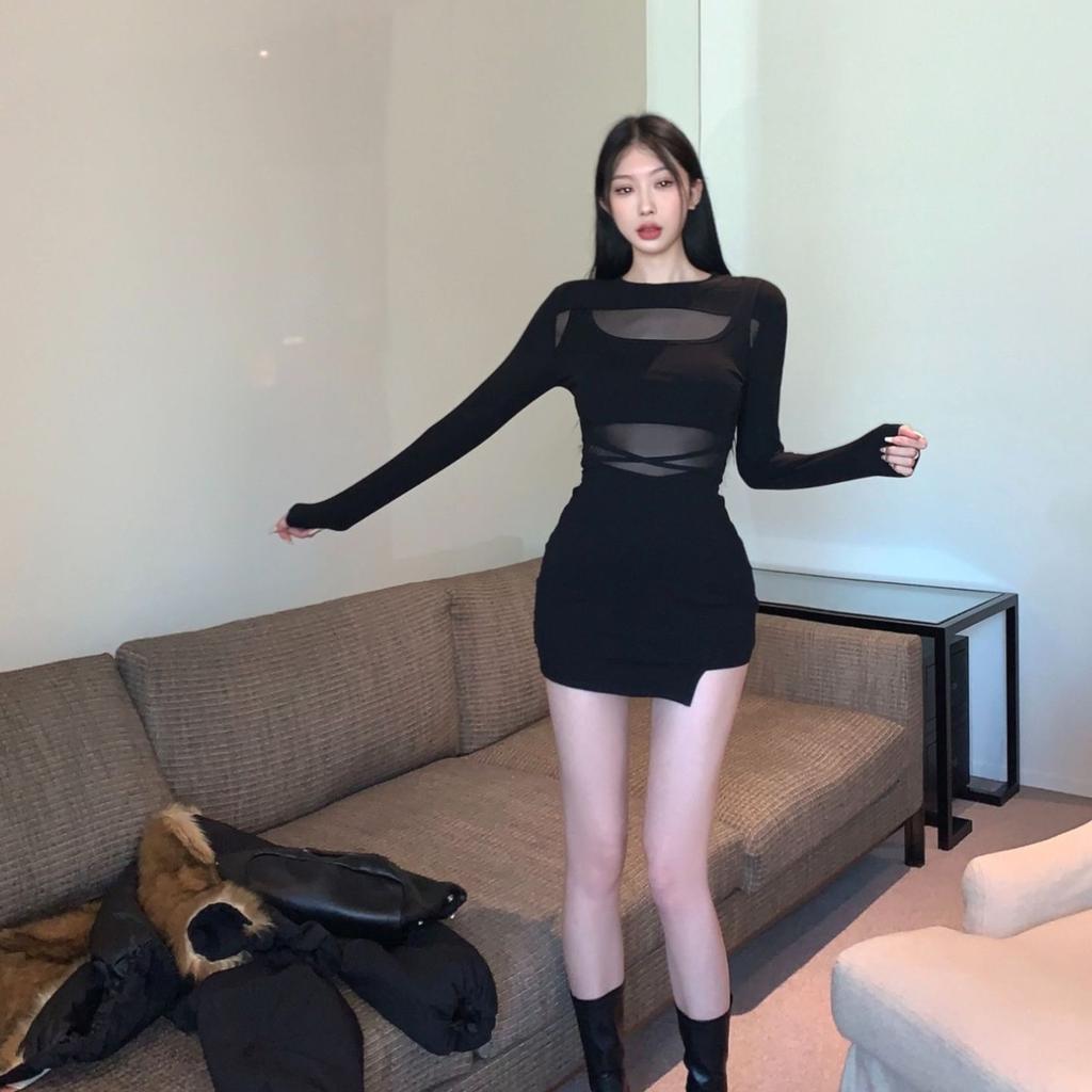 Pure Desire Spice Girl Mesh Splicing Long-sleeved Dress for Women's Autumn and Winter Bottoming, Waist and Thin Buttocks Short Skirt
