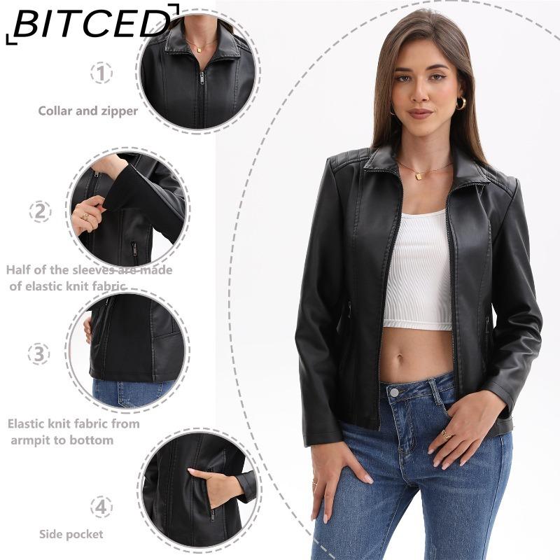 BITCED Fashion Women's Leather Jacket, Short Leather Jacket, Knitted Patchwork Stretch Coat