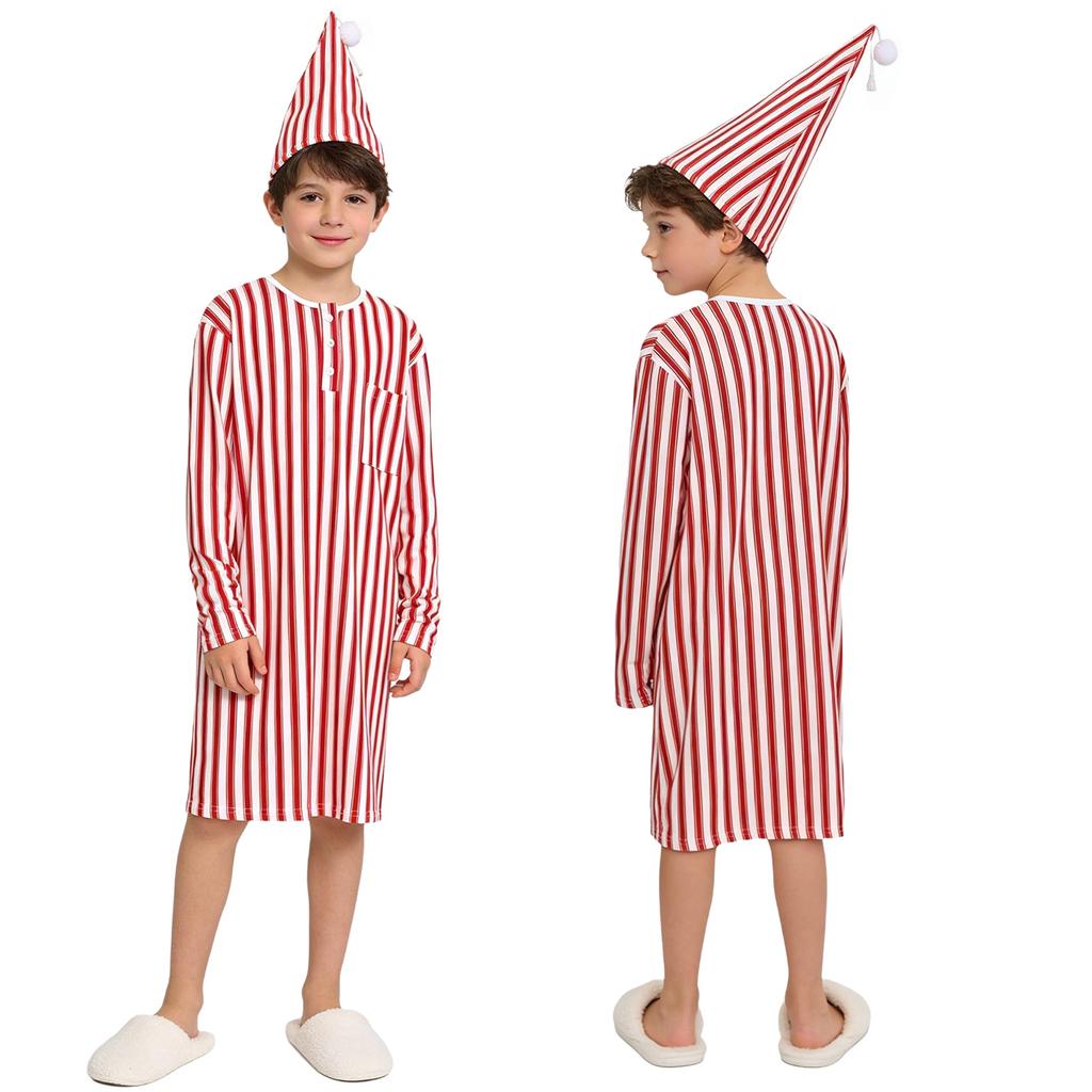 Boys Striped Soft Pajama Set Long Sleeve Loose Sleep Robe Nightgown with Adjustable Sleeping Cap Homewear for Christmas Xmas