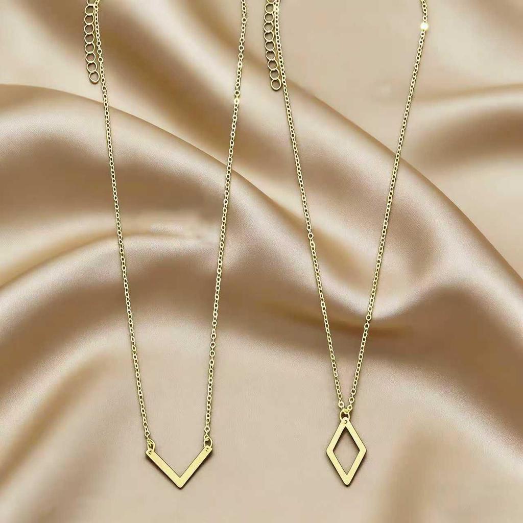 Modern Geometric V-Shape Rhombus Necklace Set - 2-Piece Fashion Pendant for Women
