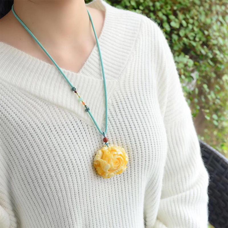 Women's White Flower Amber Pendant: Second Gen Peony, Rose & Beeswax Design In Yellow