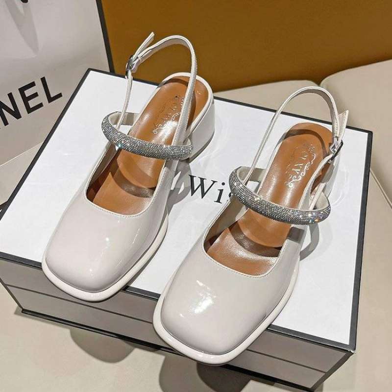 2025 New One-word Diamond Belt Rear Empty Square Head Light Mouth Low Heel Thick Heel High Heels Bag Head Mary Jane Sandals Women