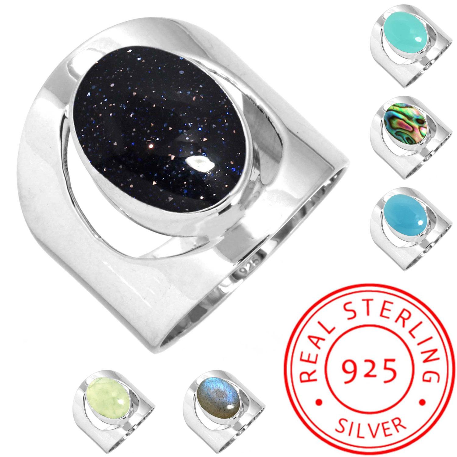 

925 Sterling Silver Ring Women Gemstone Handmade Jewelry Christmas Gift Aqua Blue Chalcedony Abalone Shell Blue Sunstone Labradorite Prehnite 6.5