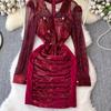 New Autumn Retro Sequins Lapel Pencil Dress Women Clothes Elegant Lady Sheer Sexy Long Sleeve Slim Short Party Birthday Vestidos