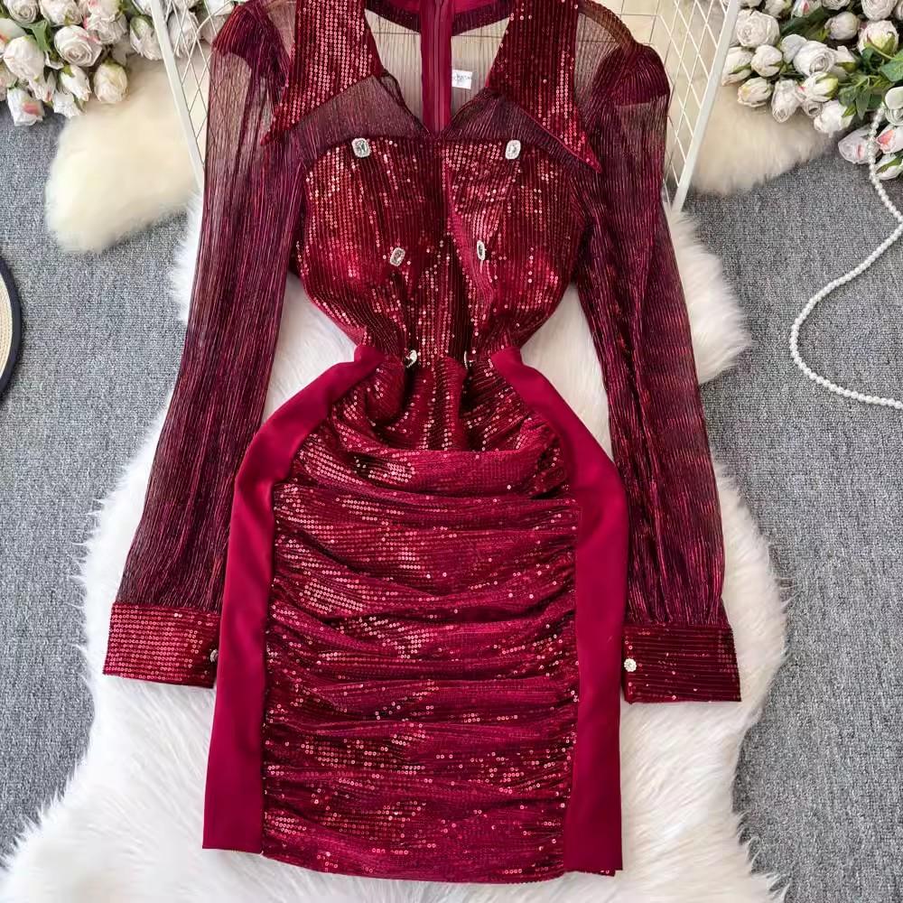 New Autumn Retro Sequins Lapel Pencil Dress Women Clothes Elegant Lady Sheer Sexy Long Sleeve Slim Short Party Birthday Vestidos