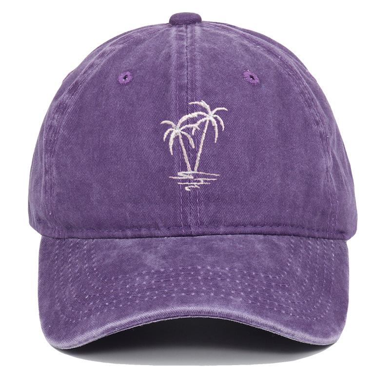 Coconut Tree Embroidered Washed Retro Duckbill Cap - Distressed Unisex Curved Brim Baseball Hat.