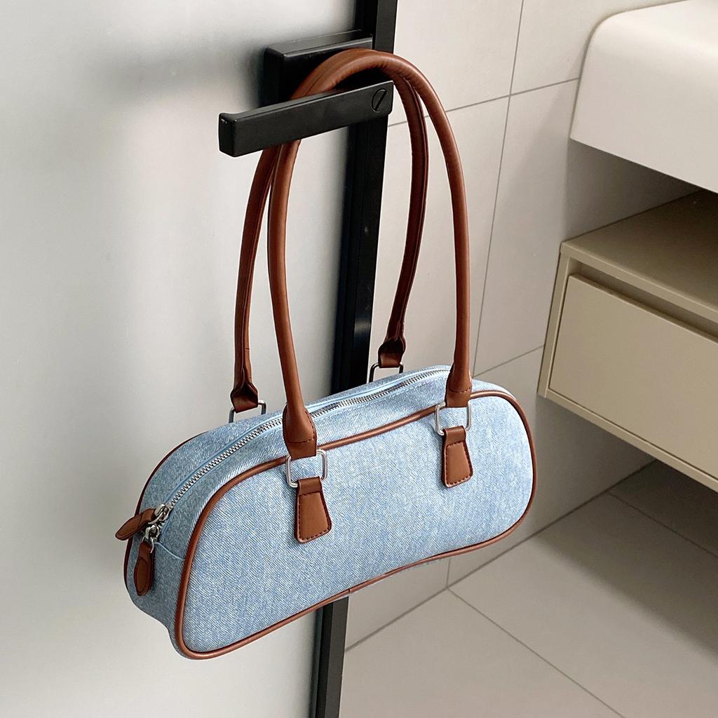 Fashion Commuter Bag Large-capacity Bag Women's Fashionable Color-matching Denim Shoulder Bag Hand Baguette Bag