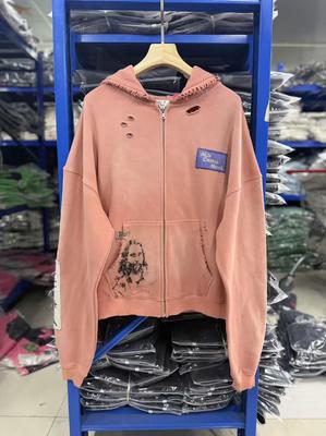 Felpa con Cappuccio Casual Hollywood Spalle Cadenti da Uomo - Finitura Usurata a Mano, Zip, Manica Lunga