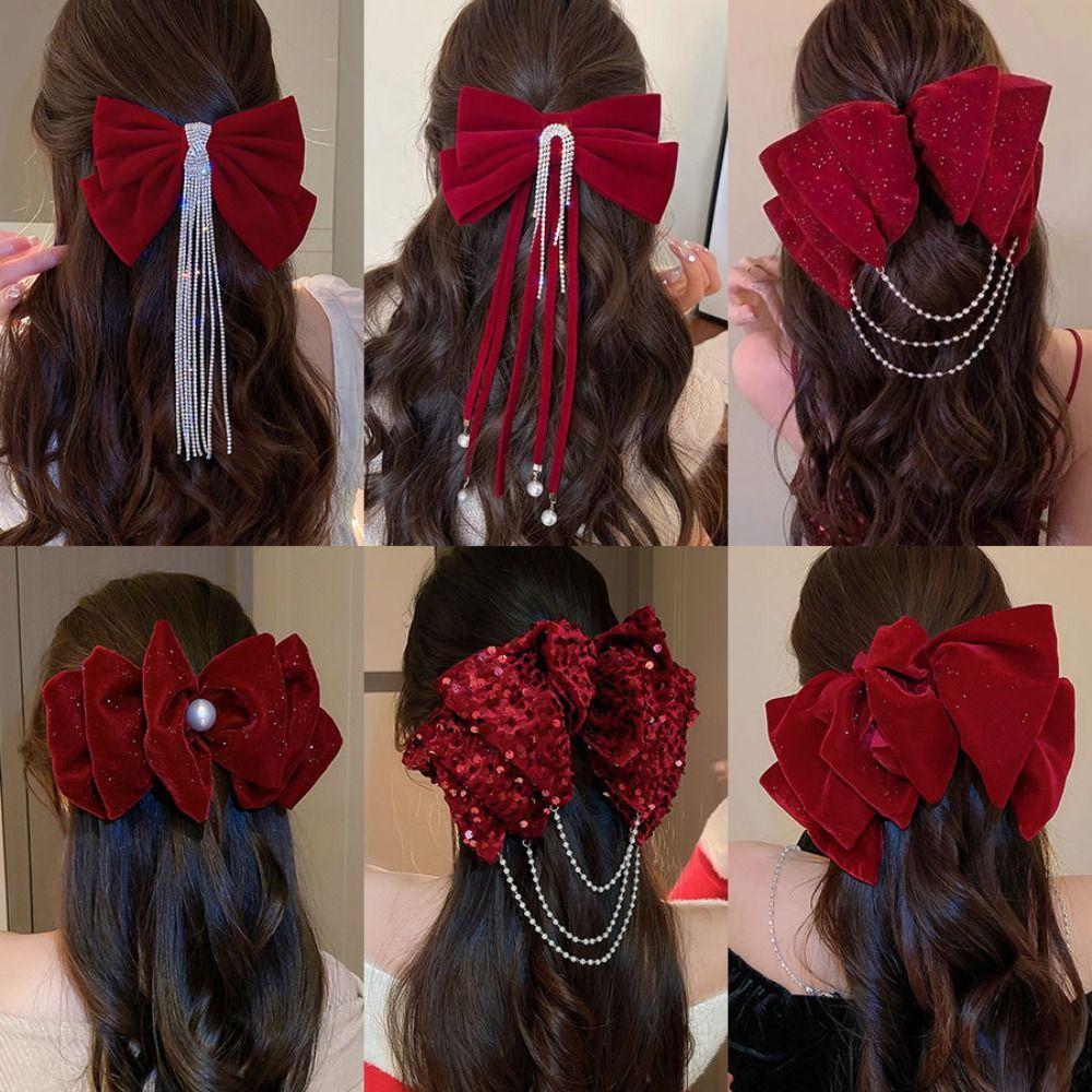 Cloth Bowknot Spring Clip Rhinestone New Year Hairpin Red Velvet Bow Hair Clip Ponytail Holder