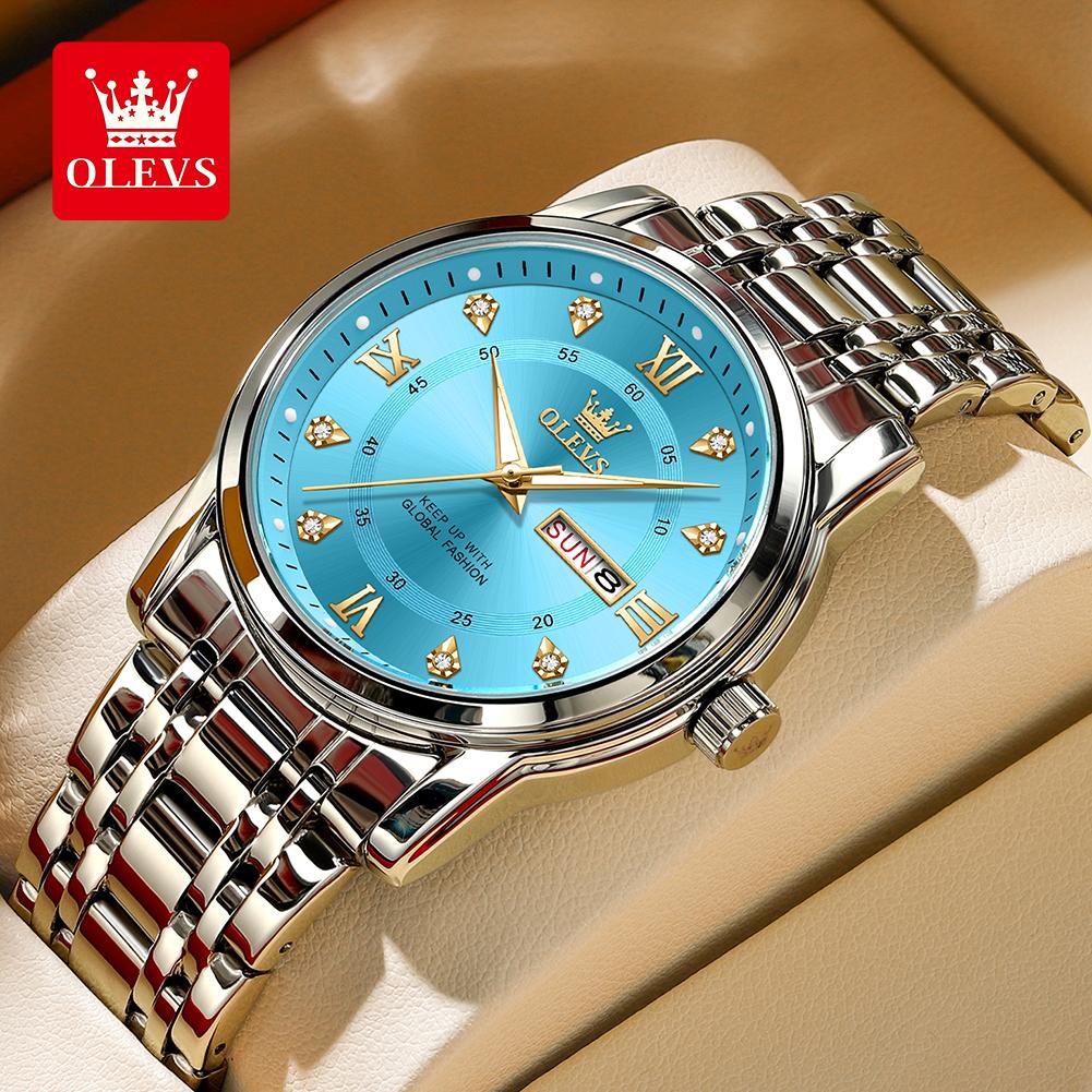 OLEVS 5513 Men's Quartz Watches Stainless Steel Strap Diamond Scale Dual Calendar Waterproof Luminous Men's Business Wristwatch