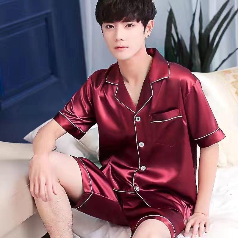 Ice Silk Pajamas Men's Summer Thin Cardigan Short-sleeved Shorts Youth Home Service Suit Simulation Silk