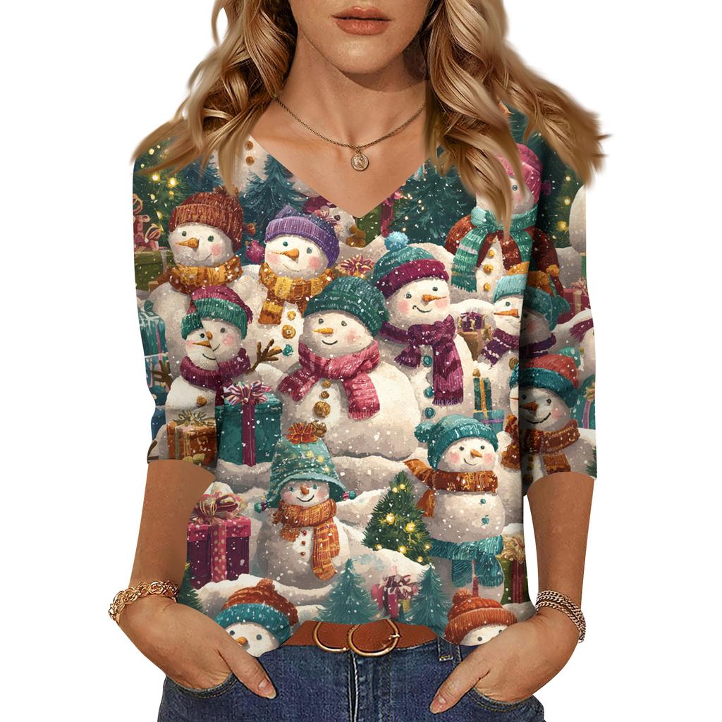 Women's Tops Three-quarter Sleeve Shirt V-neck Loose Casual Shirt Print T-shirt