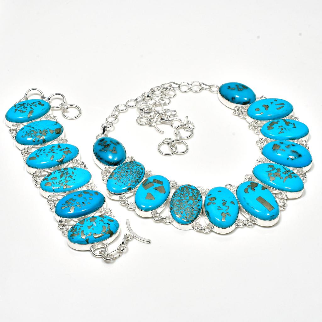 Piatră prețioasă Turcoaz de Cupru Albastru Natural Lucrat Manual Argint Sterling 925 Set Bijuterii Colier Brățară, Set Bijuterii Antice, Cadou de Ziua de Naștere