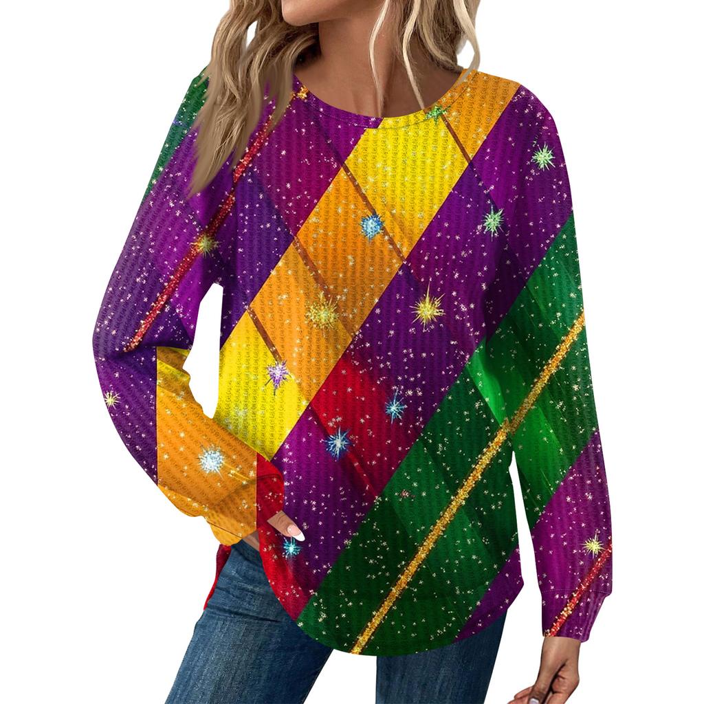 Women's Fashion  Loose Long Sleeve Carnival Print  Round Neck Casual Top