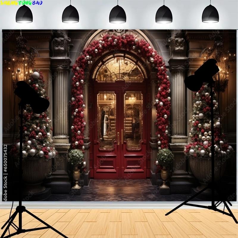 Christmas Day Wreach Snowflake Photography Backdrops Front Door Winter New Year Cottage Living Room Decoration Background DD-06