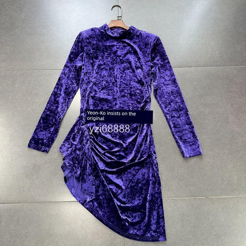 

Yanzi Export FN Pure Original Small Stand Collar Fairy White Classy Purple Velvet Fashionable Sexy Silm High Slit Dress Purple Velvet Dress S