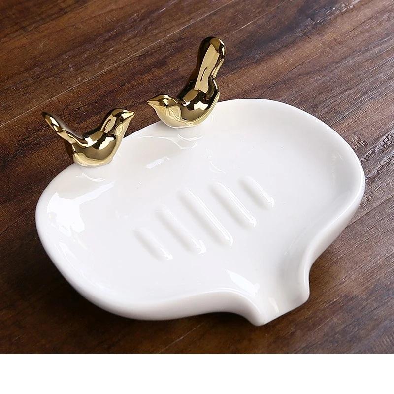 Porcelain Couple Bird Soap Dish Ornamental Ceramics Birdie Miniature Art Soap Dripper Holder Washroom Decor Craft Accessories