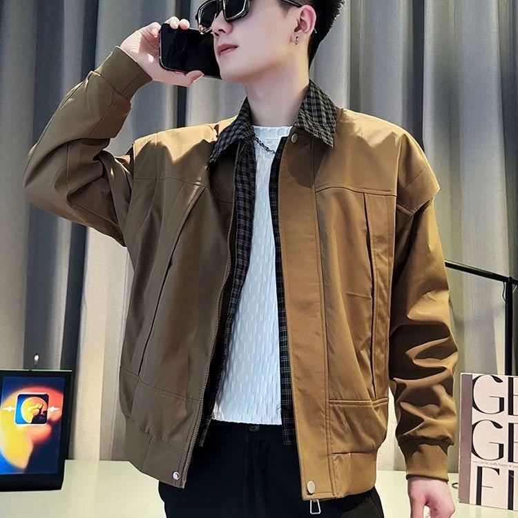 

Men s Plaid Spliced Lapel Overcoat - 2025 Spring/Autumn Loose Workwear Style L коричневый