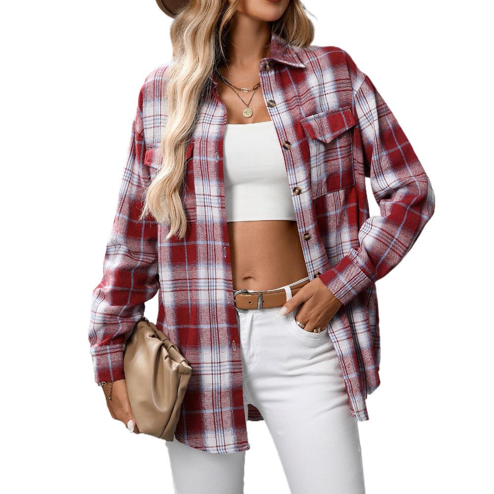 Women's Casual Button-Down Plaid Shirt, Long Sleeve Tie Front Top, Multiple Color Options