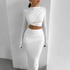 Women's Neckline Long-sleeved Crop Top Slim-fit Trouser Skirt Suit