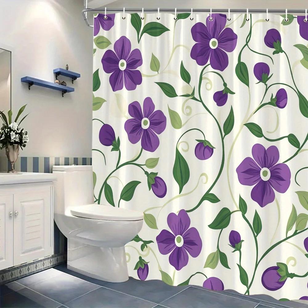 Floral Shower Curtain - Purple Flowers on Cream, 12 Hooks, Durable Polyester, Machine Washable, Elegant Bath Decor