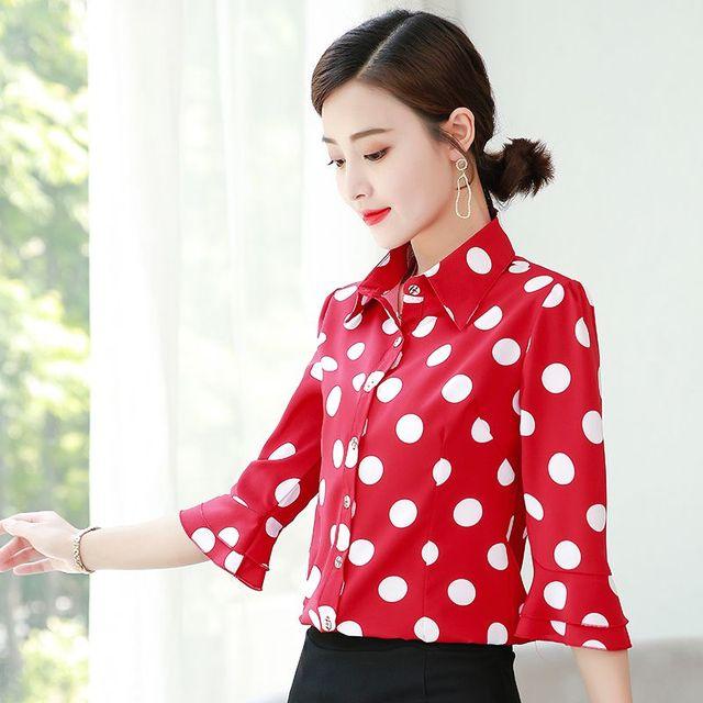 Koreanische Sommer Herbst Neue 3/4 Hülse Druck Hemd frauen Top Drehen Unten Kragen Flare Hülse Chiffon Bluse S-5XL