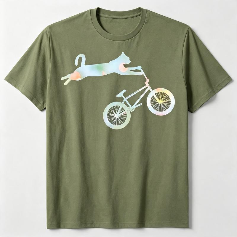 Gradient Watercolor Cat Riding BMX Bike Graphic T Shirt Premium Soft Cotton Short Sleeve Unisex Street Casual Animal Print Tee