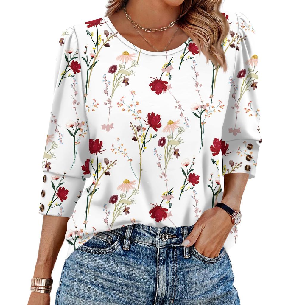 Womens Tops 3/4 Sleeve With Buttons Casual Blouses Summer Outfits Beach Vacation Clothes