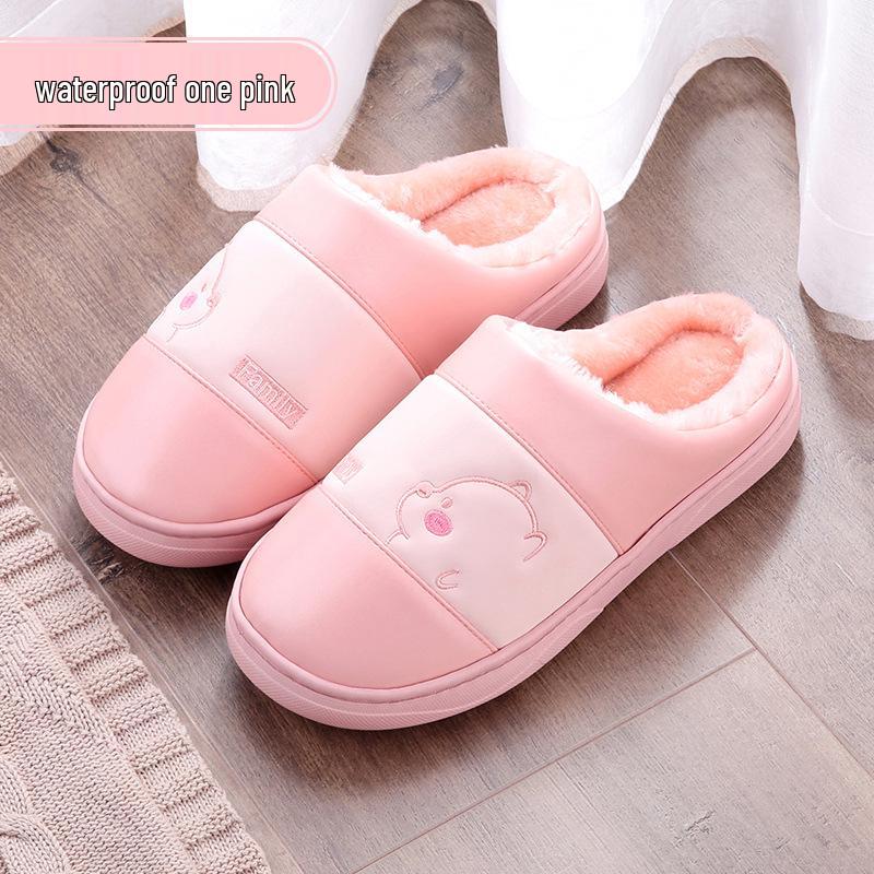 Women's and Men's Non-Slip Waterproof PU Leather Indoor Winter Slippers - Warm and Cute for Couples