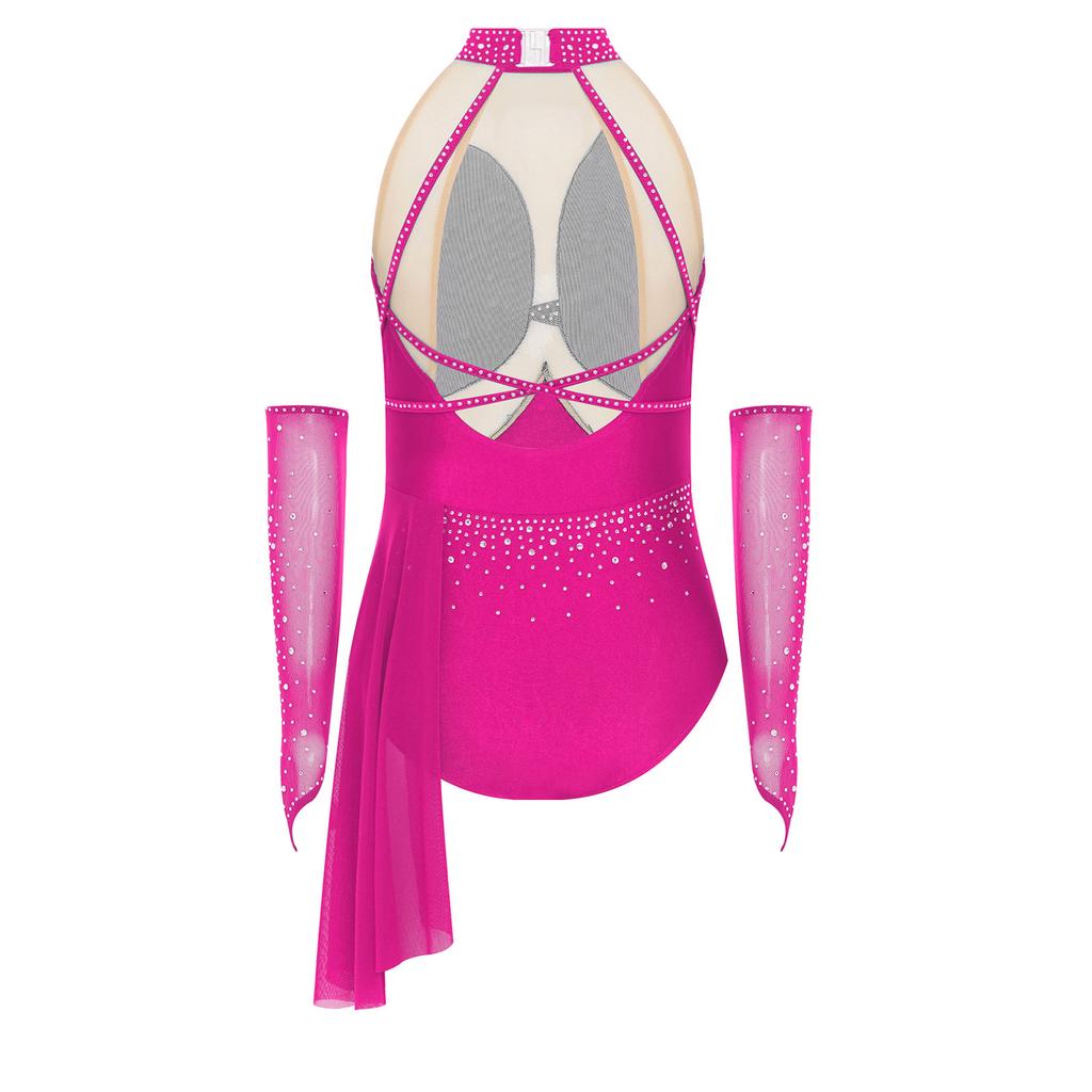 Mädchen Eiskunstlauf Performance Kleid Cutout Rücken Glänzende Strasssteine Transparente Netz-Patchwork Asymmetrischer Rock-Leotard Handschuhe