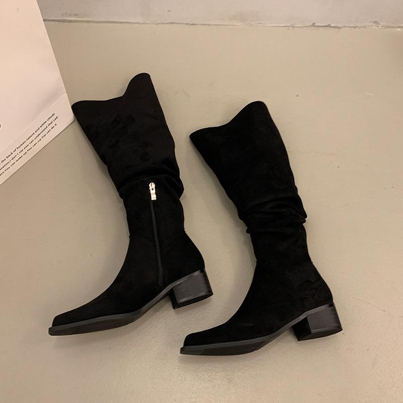 Gruby obcas szpiczasty zamszowe cienkie kozaki buty damskie 2025 nowe jesienno-zimowe wersja koreańska długie kozaki za kolano kozaki oficerskie