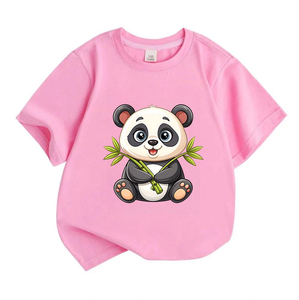 Cute Cartoon Panda Holding Bamboo Kids 100% Cotton Crew Neck Short Sleeve T-Shirt for Boys Girls Casual Soft Breathable Summer Animal Pattern Printed