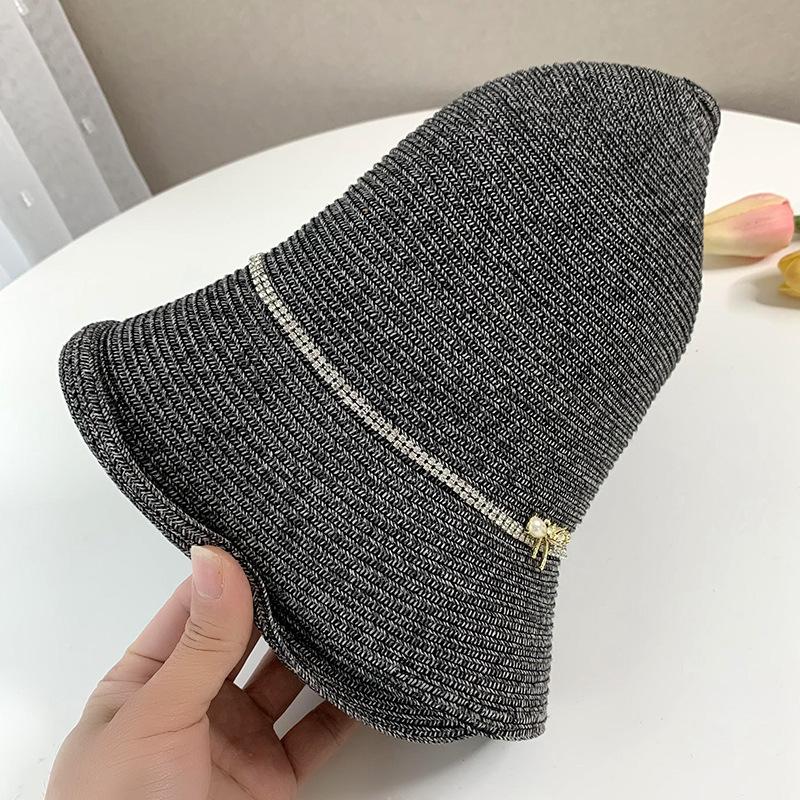 Elegant diamond-encrusted straw weaving sunscreen hat for women's summer travel foldable crimped straw hat casual sunshade cool hat tide
