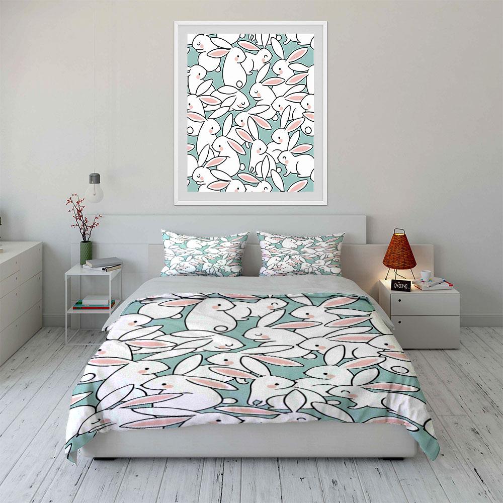 White Bunny Pattern Duvet Cover Set With 3D Printing Design Soft Polyester Bedding Set All-Season Comfort Machine Washable
