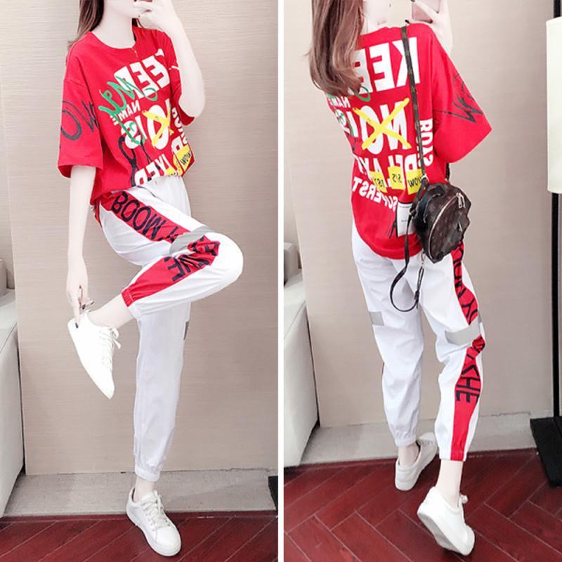 

Sports Suit for Women Summer Loose Korean Style Casual Sportswear Fashionable Slim Pants Two-piece Set for Students XXL