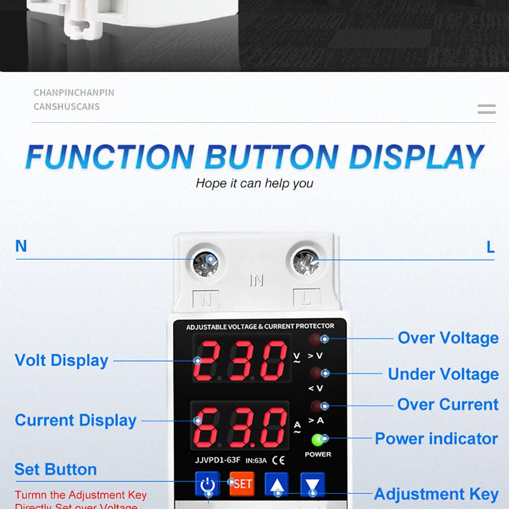 Dual Display 40A 63A 80A 230V Din Rail Adjustable Digital Over Under Voltage Relay Surge Protector Limit Over Current Protection