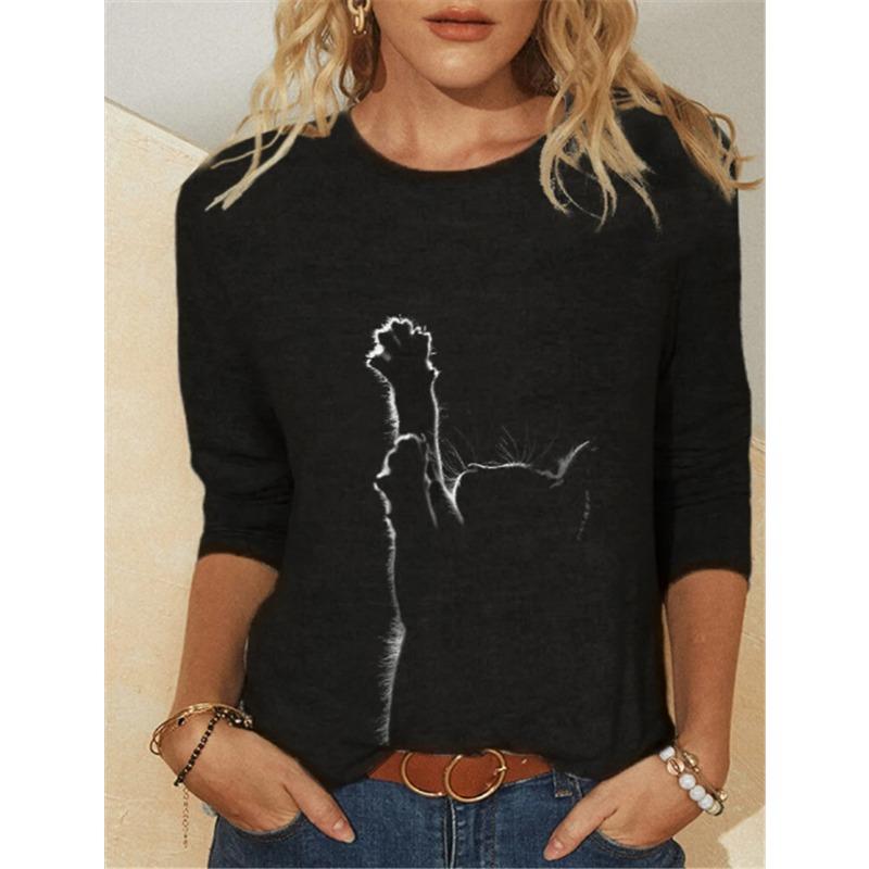 Women Autumn Winter Tops Loose Cat Print Causal Long Sleeve T-shirt Top Blouse