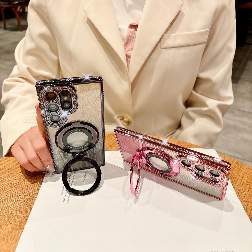 Rhinestone Gradient Shimmer Powder Water Ripples Suitable for Samsung S25 Ultra Mobile Phone Case Magnetic Suction Bracket S24P Electroplating A06